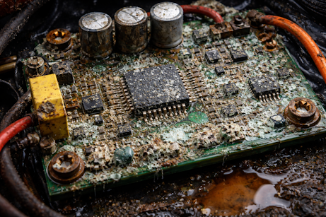 Corroded EV controller circuit board from water damage
