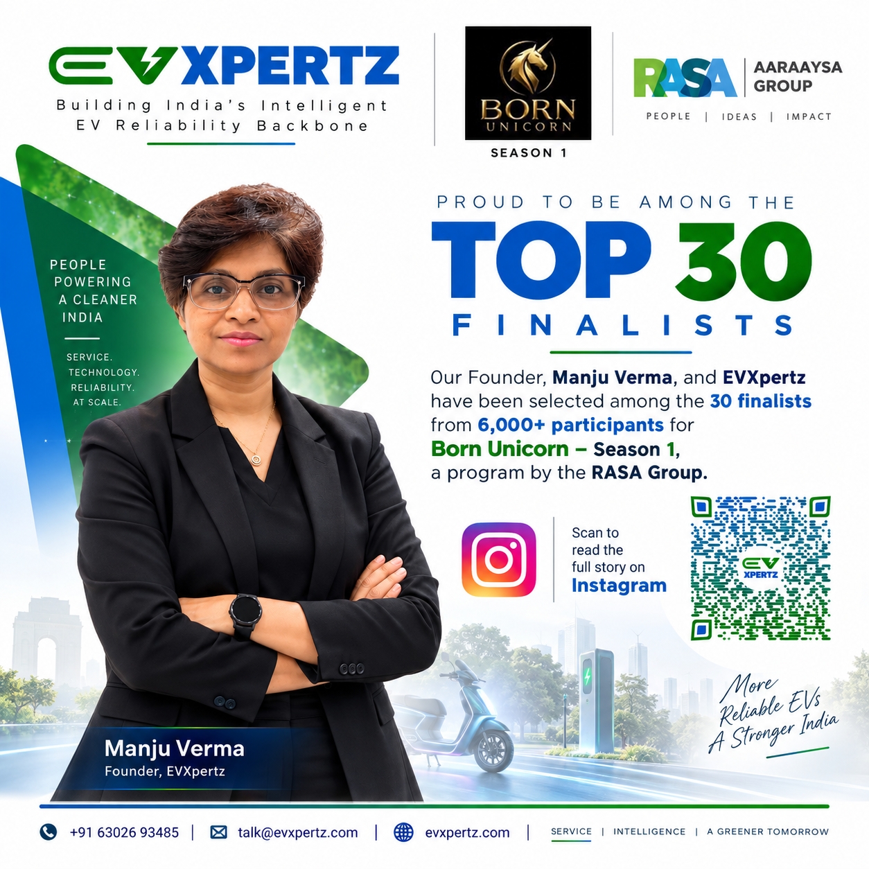 Manju Verma, Founder of EVXpertz, selected as a Top 30 finalist for Born Unicorn Season 1 by RASA Group