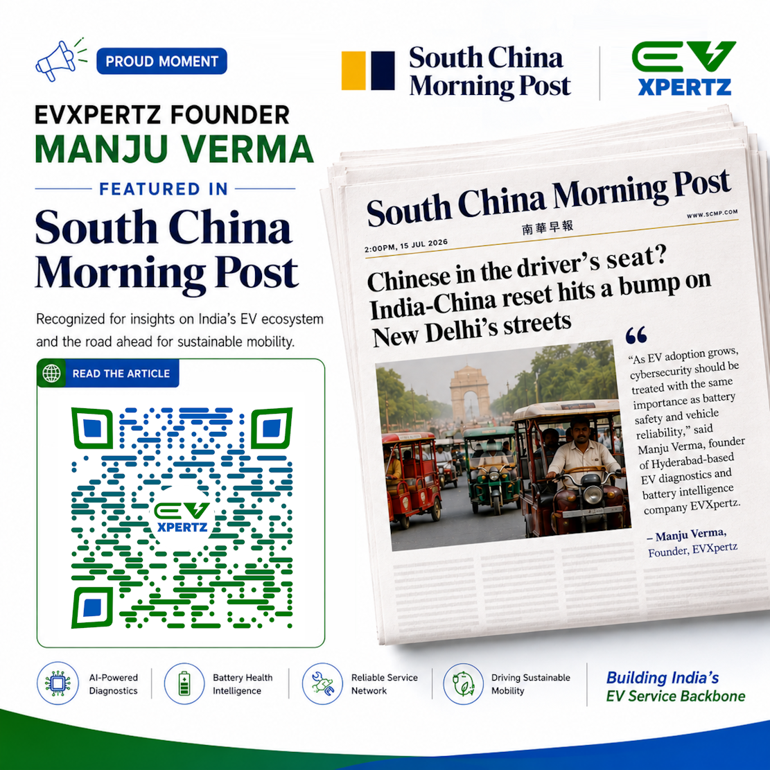 EVXpertz founder Manju Verma featured in South China Morning Post — Proud Moment graphic with article highlight and QR code