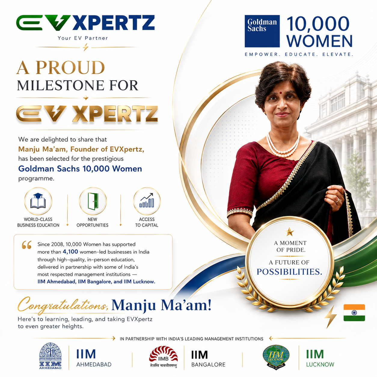 Manju Ma'am, Founder of EVXpertz, selected for Goldman Sachs 10,000 Women programme